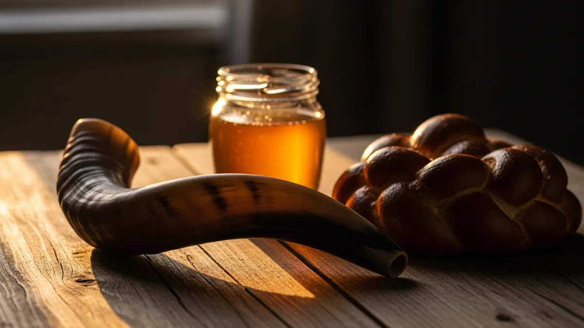 Curved shofar ram's horn beside a jar of honey and round challah on a warm wood table in golden light