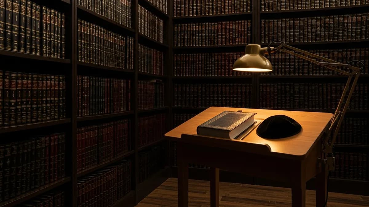 Rows of leather-bound sacred volumes on dark shelves with a brass lamp glowing over an open book on a lectern