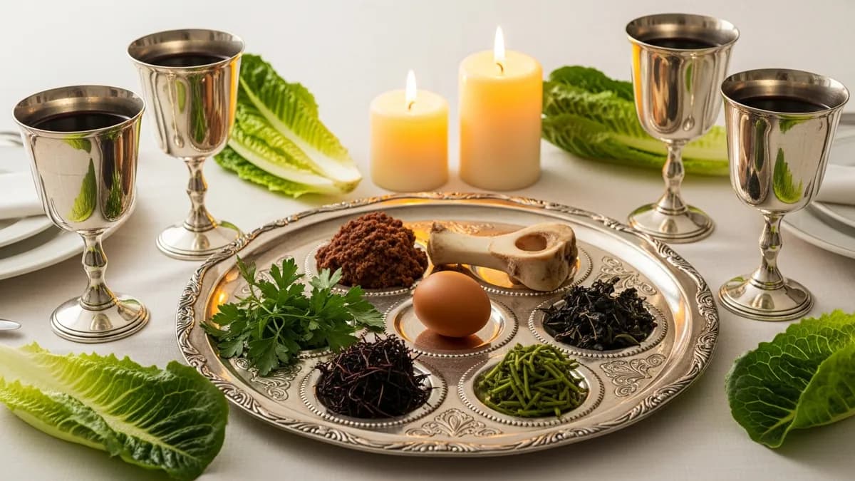 Ornate silver seder plate surrounded by four wine cups, fresh herbs, and open haggadahs on a candlelit white linen table