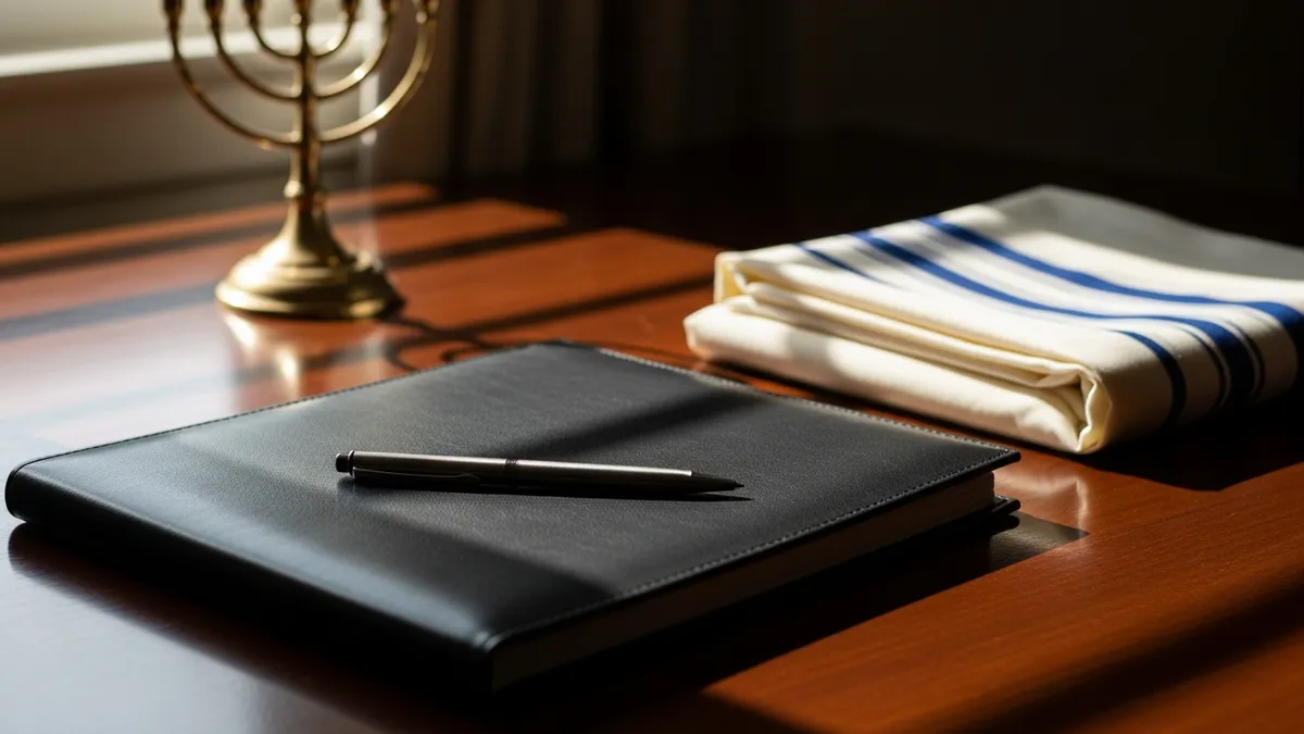 Leather portfolio on a polished wood desk beside an open sefer, silver pen, and folded tallit in warm window light