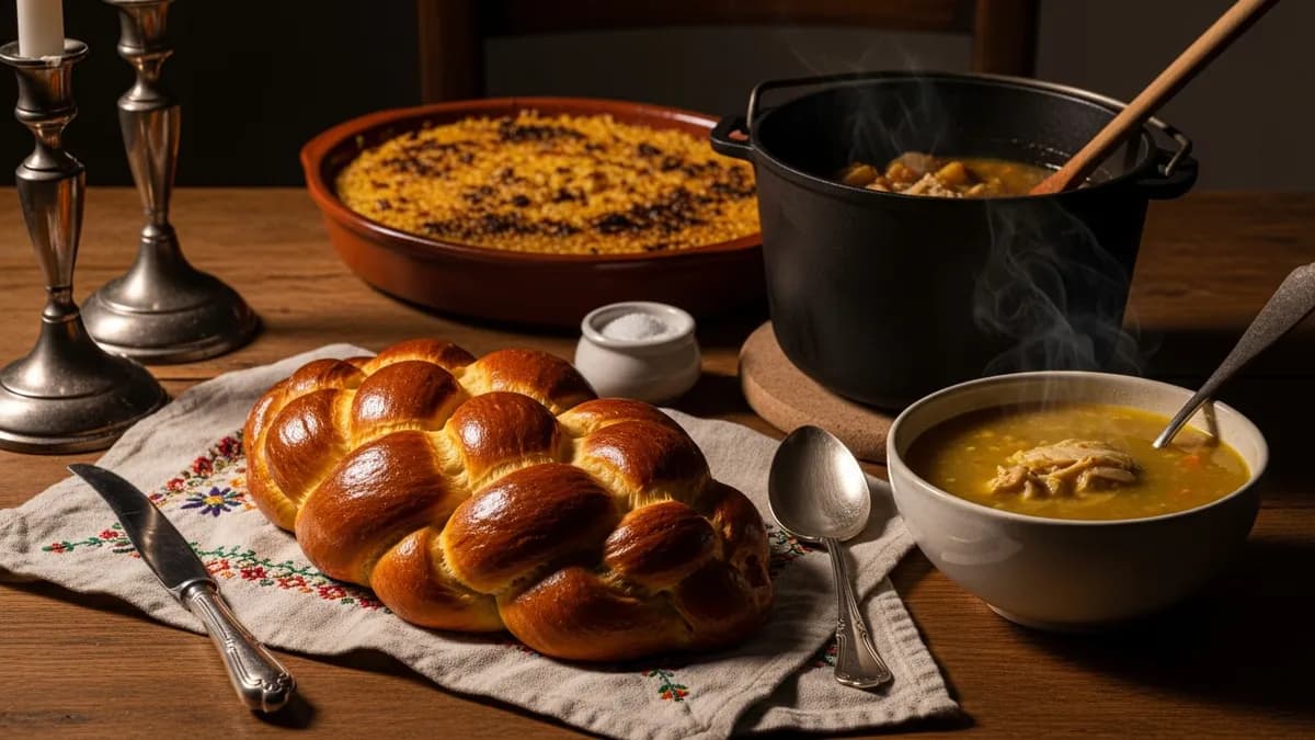 Braided challah loaves, silver challah cover, and Shabbat dishes on a linen-draped table in warm candlelight