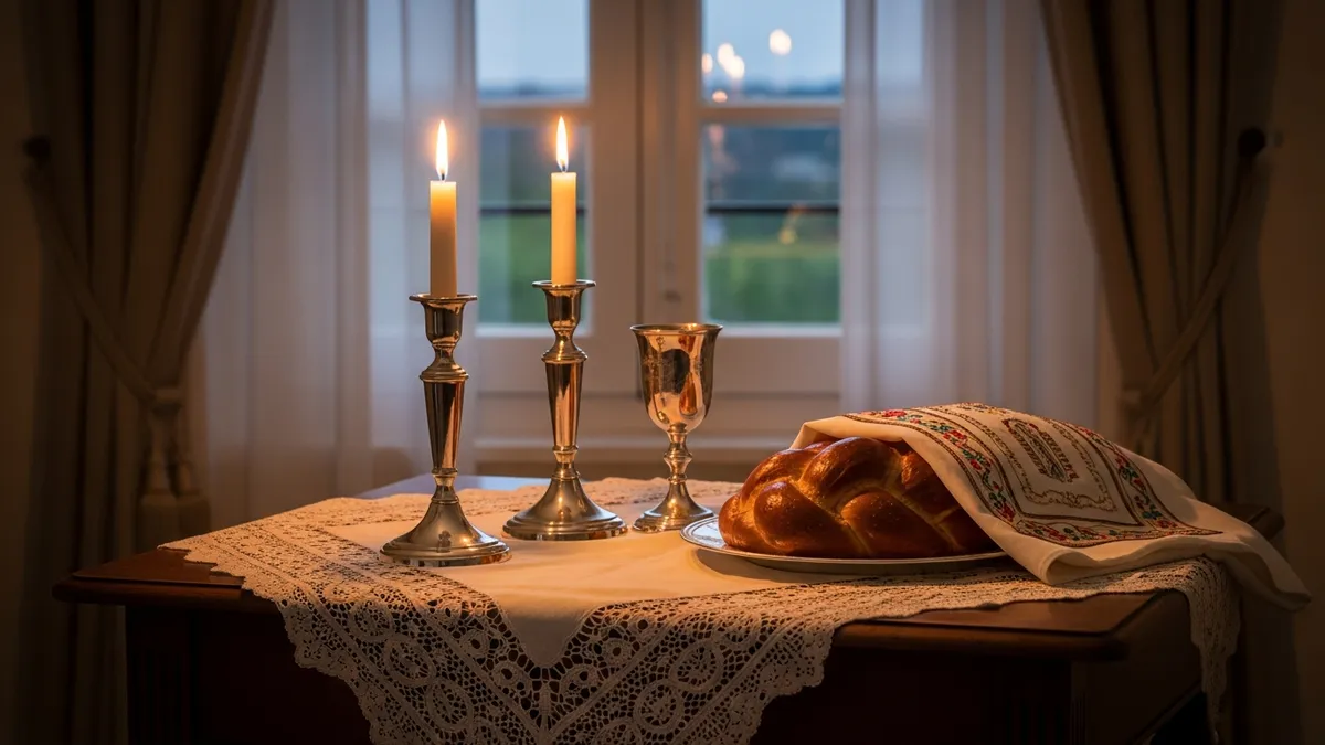 Silver Shabbat candlesticks glowing beside a kiddush cup and covered challah on a white lace tablecloth at dusk