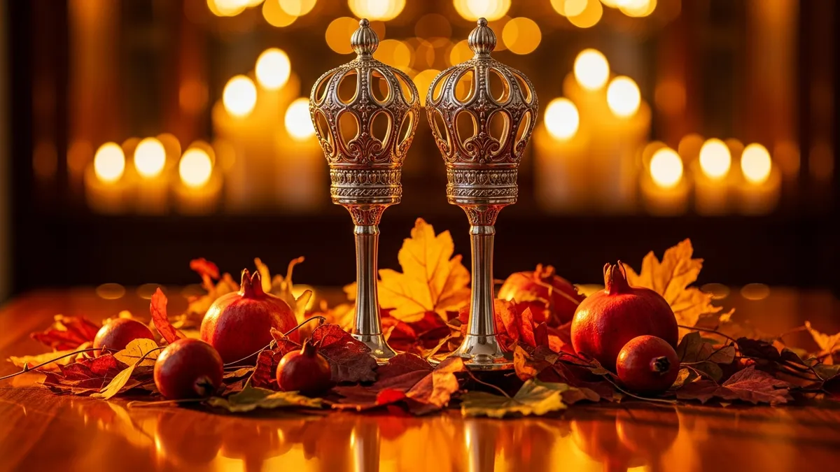 Ornate Torah scroll with embroidered mantle and silver crown on a candlelit bimah, surrounded by golden autumn leaves