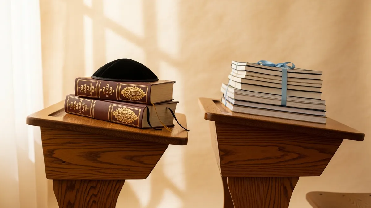 Two school desks — one with Talmud volumes and kippah, one with notebooks and ribbon — in warm diffused window light