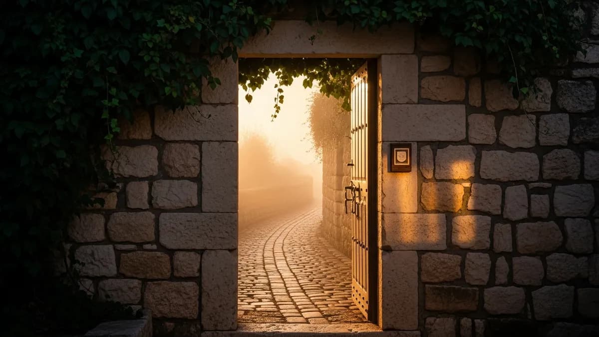 Stone doorway with a mezuzah on the post opening onto a sunlit cobblestone path in warm morning light