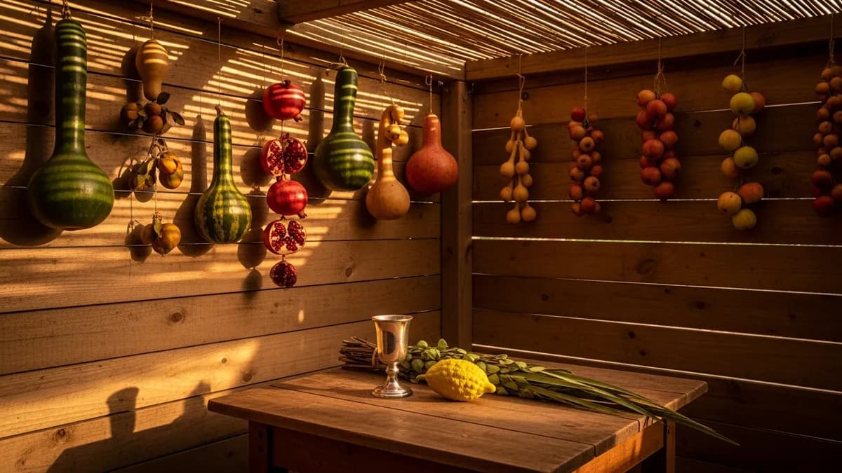 Sukkah interior with bamboo roof, hanging harvest fruit, silver kiddush cup, etrog, and lulav in warm golden-hour light
