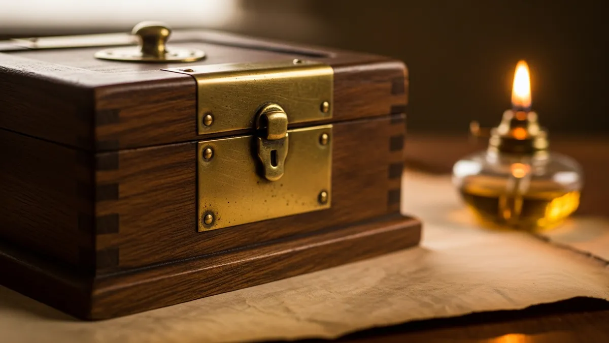 Antique brass tzedakah charity box on aged parchment beside a glowing oil lamp in warm amber light