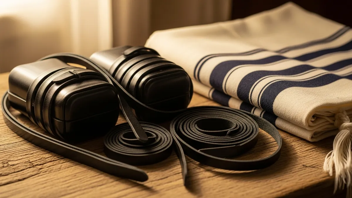 Black leather tefillin boxes with coiled straps beside a folded white striped tallit on a warm wooden surface in morning light
