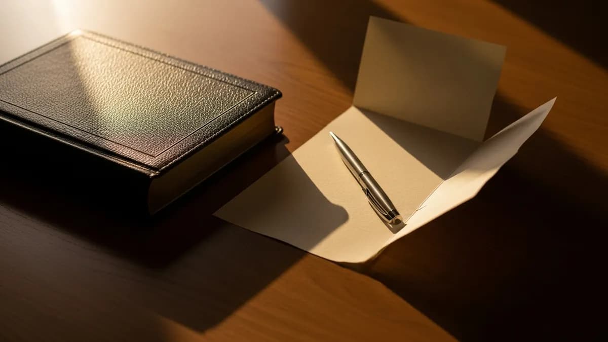 Aged open book on worn oak desk with brass inkwell beside soft window light