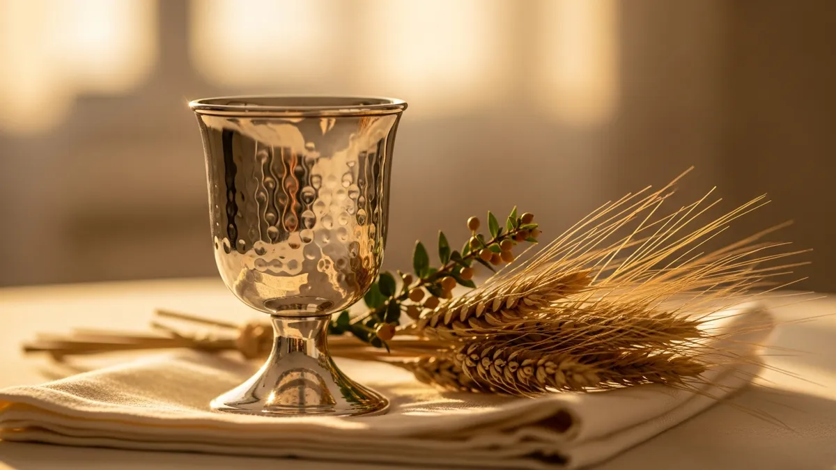 Glowing silver candlestick on cream linen with dried herbs and smooth stone in warm candlelight