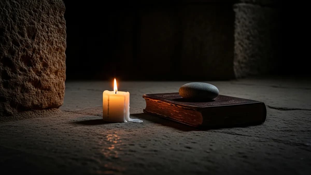 A single low-burning candle illuminating an open book and smooth stone on a dark wooden table in solemn near-darkness