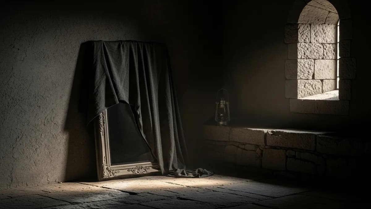 A dark linen-covered antique mirror in a dim stone interior with a single unlit lamp and faint dawn light through a narrow window