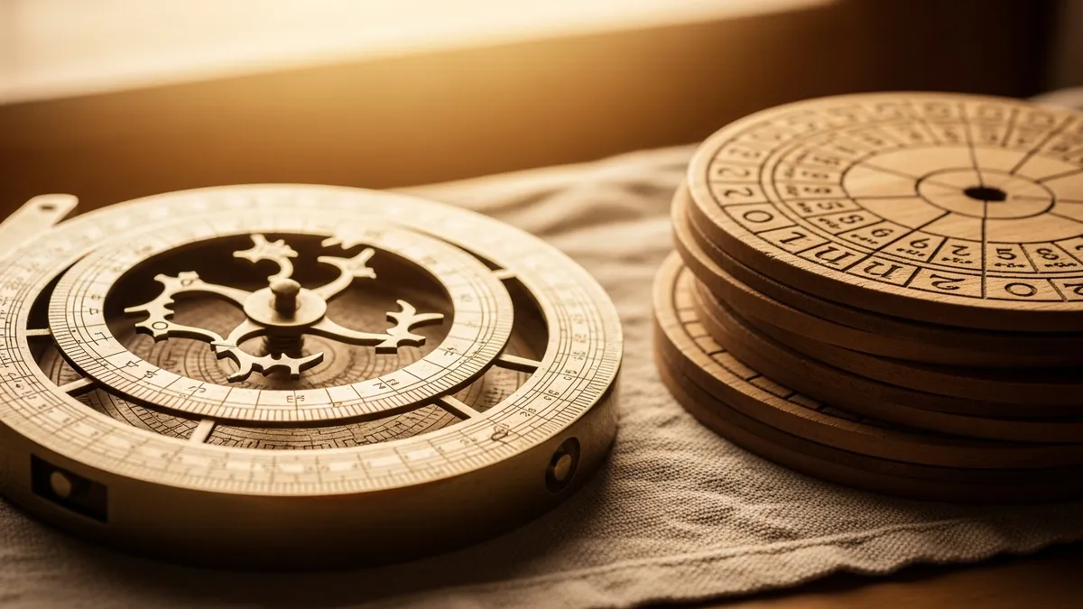 Antique brass astrolabe and wooden calendar discs on linen beside a leather-bound almanac