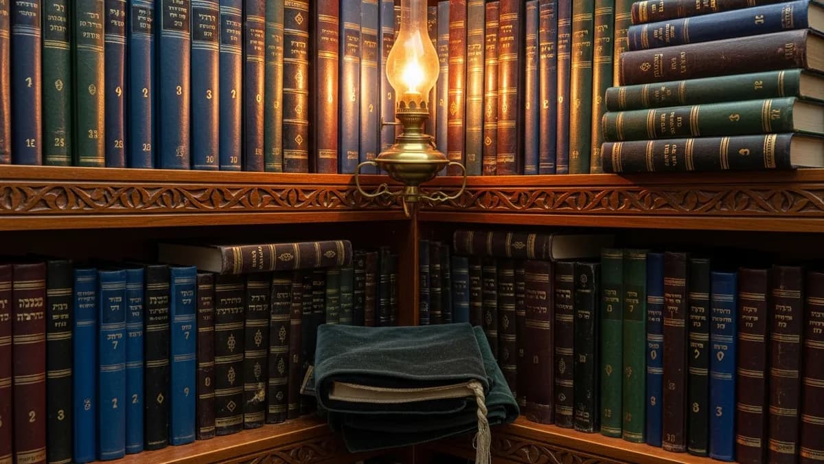 Organized collection of aged leather-bound sefarim on a mahogany study table under warm brass lamp light, evoking a curated Torah library