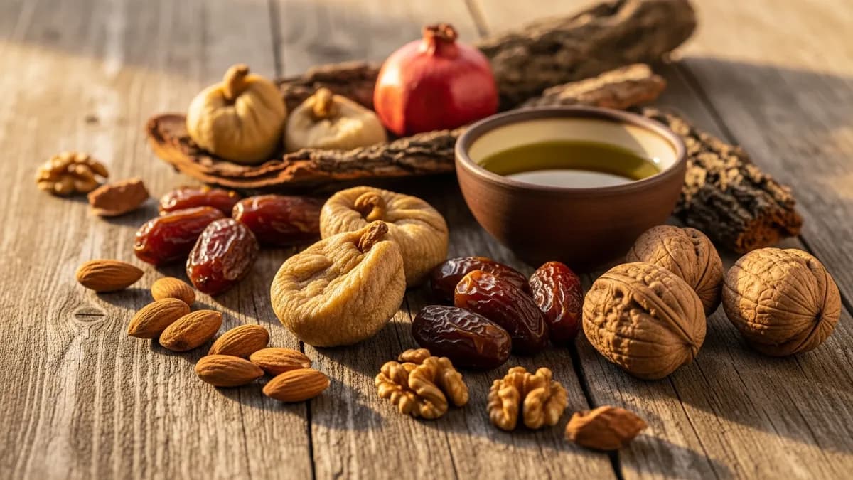 Dried fruits, nuts, and pomegranates arranged on a worn wooden table in warm golden light for Tu B'Shvat
