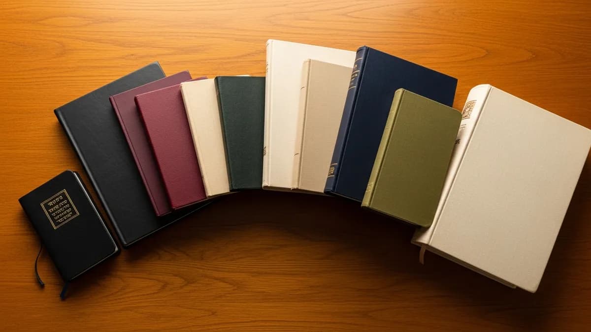 Open Talmud volumes and prayer books of varying sizes arranged along a wooden beis medrash study table
