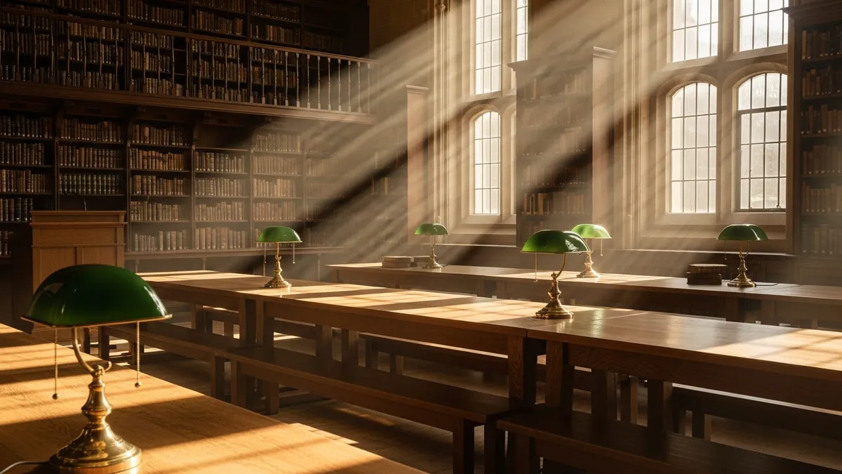 A warm wooden study hall lined floor to ceiling with leather-bound volumes