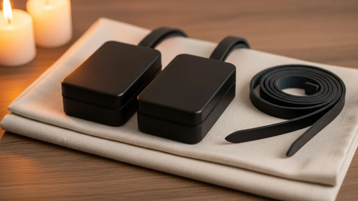 Two black leather tefillin boxes with coiled straps resting on aged parchment in warm amber candlelight