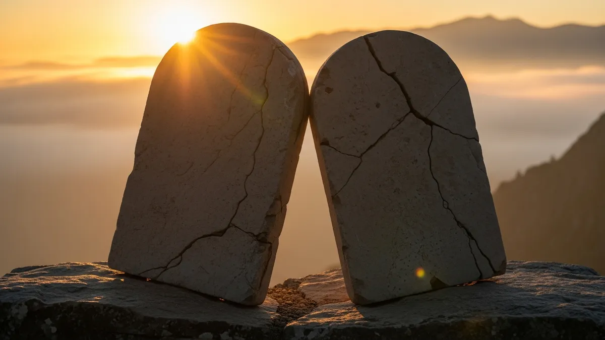 Two ancient stone tablets resting together on a rocky ledge at golden sunrise with mountain mist behind