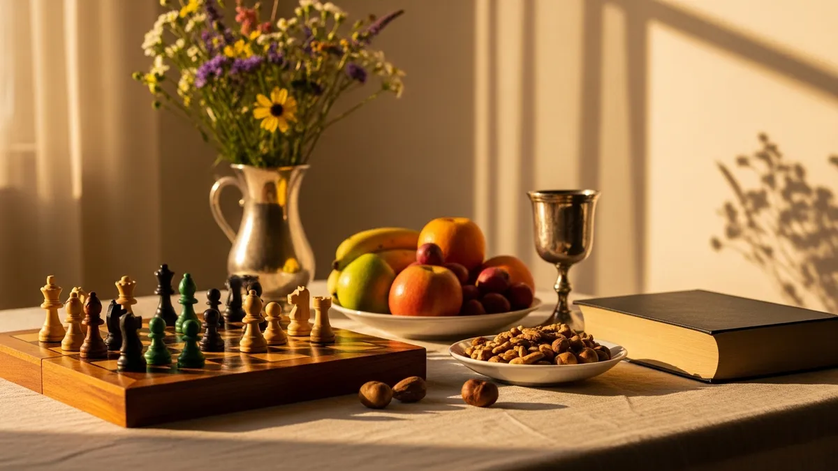 Warm Shabbat table set with brass candlesticks, braided challah, silver Kiddush cup, and fresh flowers in golden light