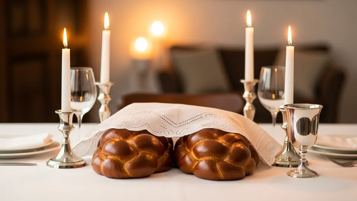 Shabbat table with covered challah loaves, silver candlesticks with lit candles, and a silver kiddush cup in warm golden light