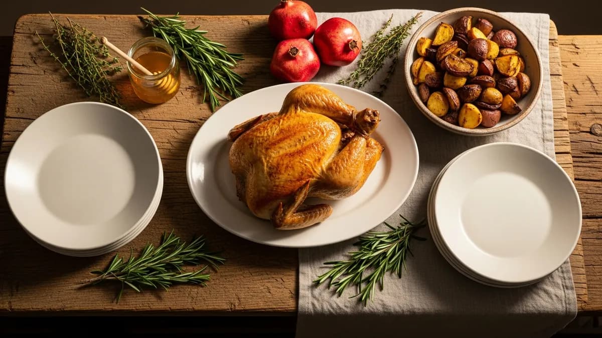Elegant kosher kitchen still-life with roasted chicken on ceramic platter, two sets of dishes, and fresh herbs in warm amber light