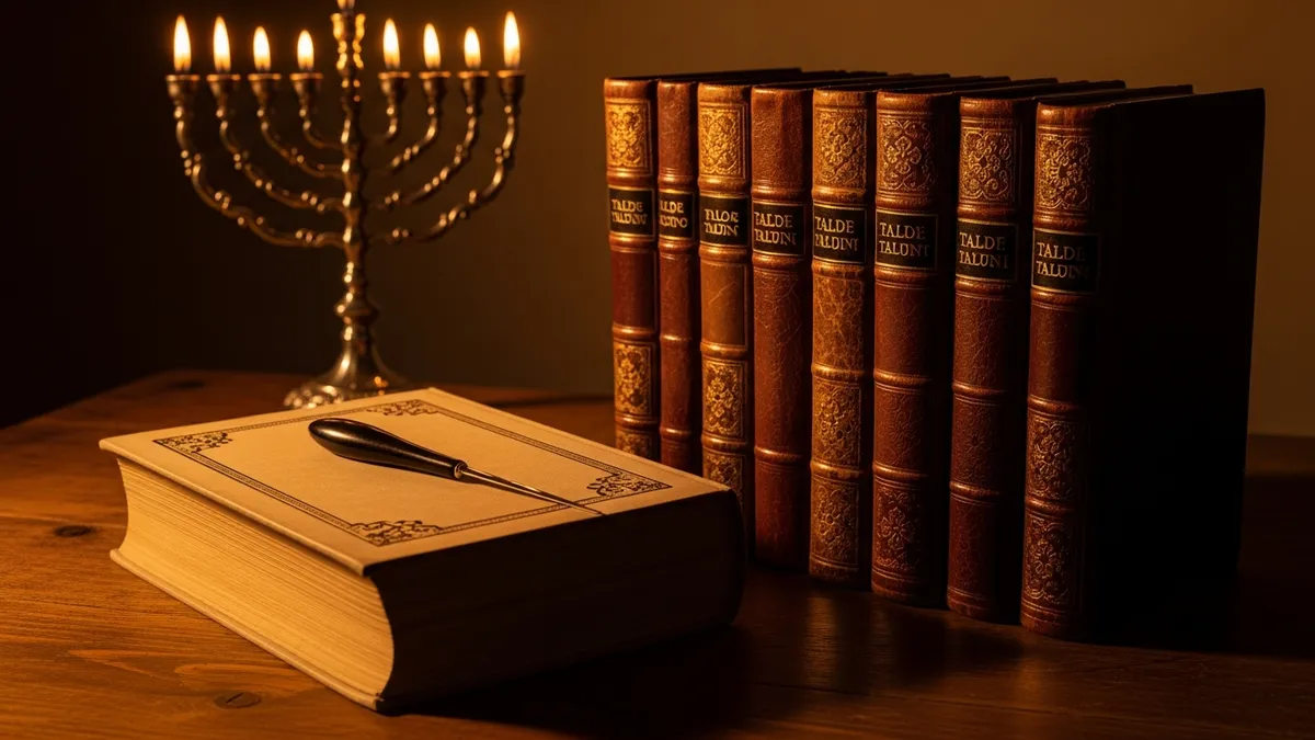 Open ancient Hebrew manuscript on a worn study table surrounded by leather-bound volumes and a glowing brass oil lamp
