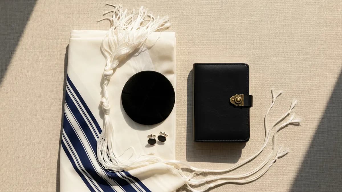 White tallit with black stripes and knotted tzitzit fringes beside a velvet kippah and worn leather prayer book on aged linen