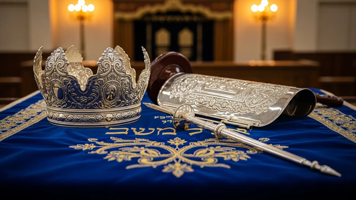 Torah scroll partially unrolled on a synagogue reading table with embroidered mantle, silver crown, and wooden yad in warm candlelight