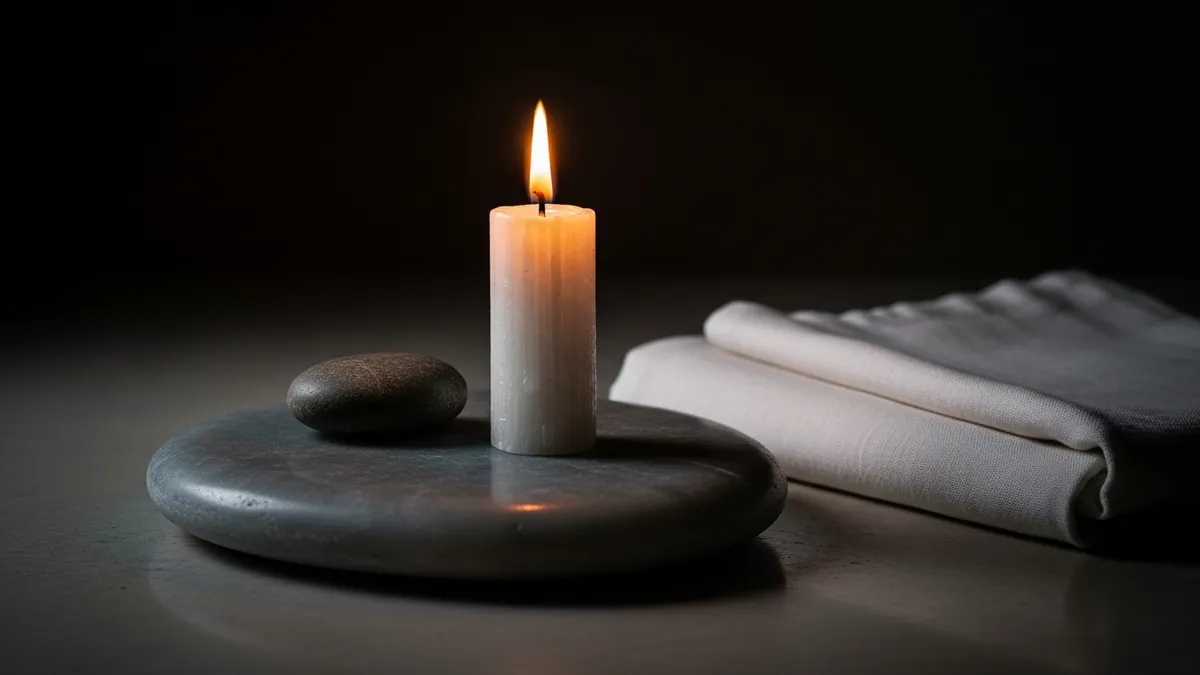 Single white candle burning on a stone surface beside a smooth river stone and folded white linen in quiet amber light