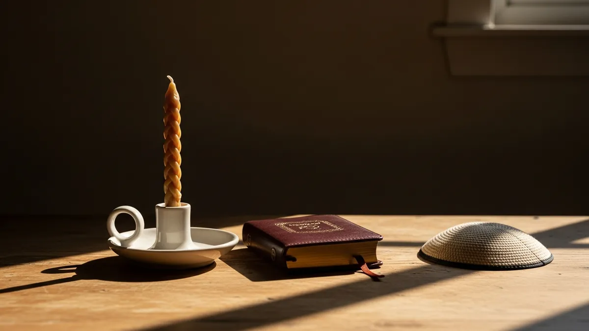 A solitary beeswax candle burning beside an open leather-bound book on a worn wooden table, warm amber light