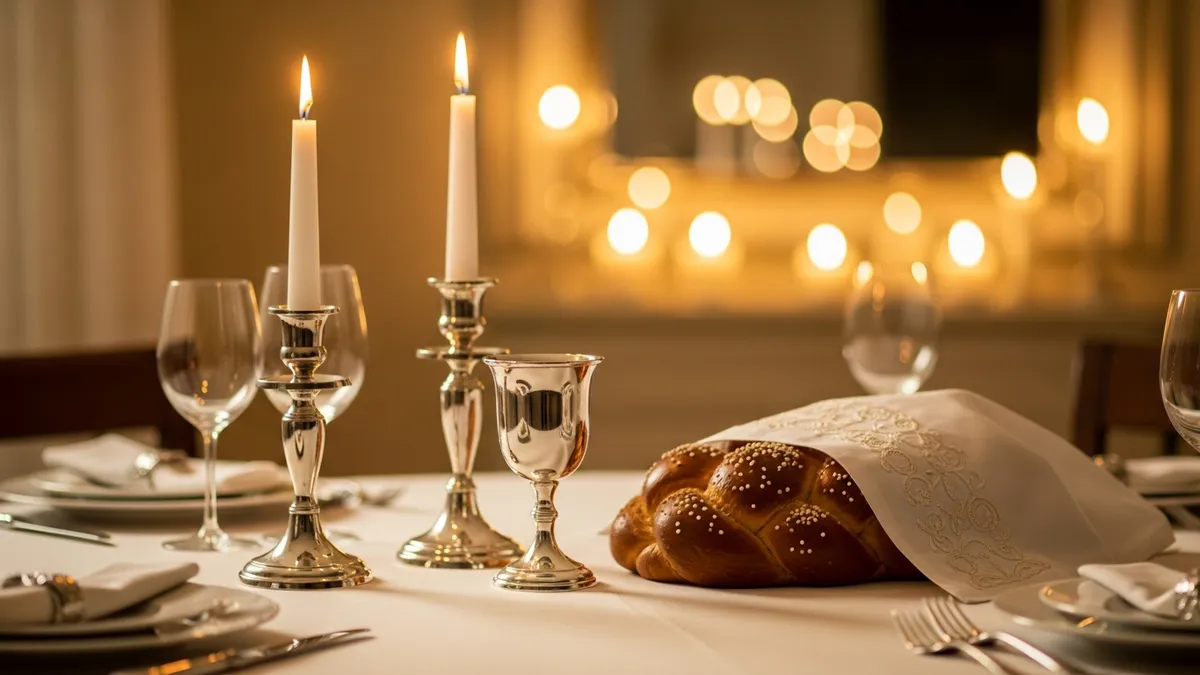 Shabbat table with silver candlesticks, glowing candles, kiddush cup, and covered braided challah on white linen