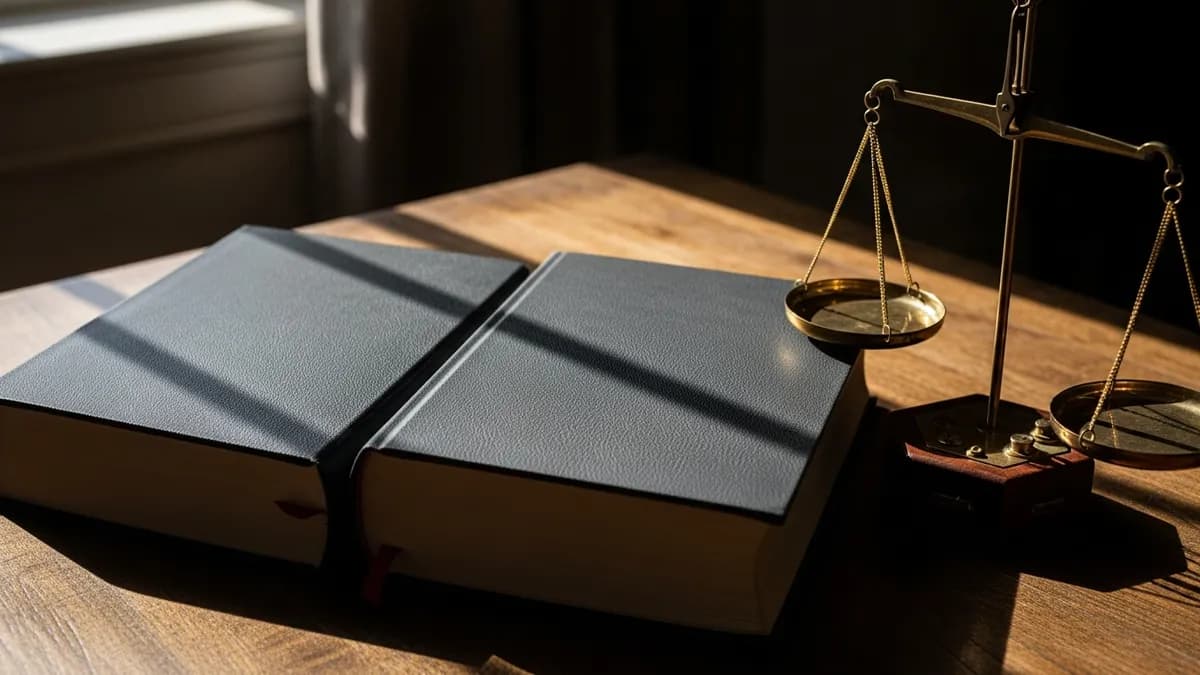 Three leather-bound volumes and a brass balance scale on a dark wooden table in warm window light