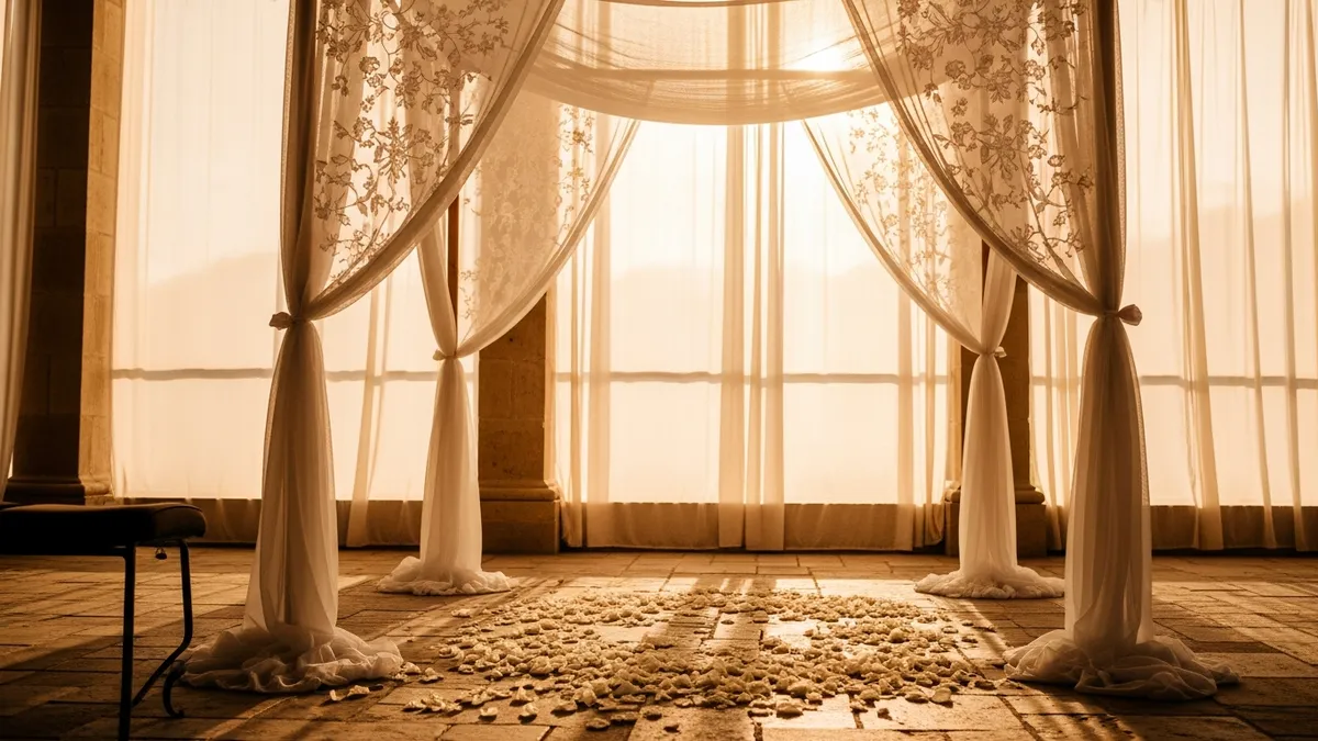 White embroidered chuppah canopy on wooden poles bathed in warm golden light, flower petals on stone floor below