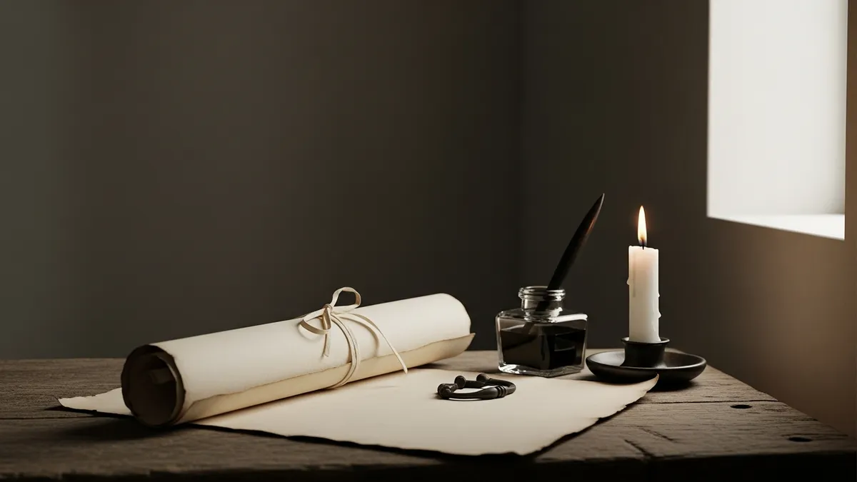 Rolled parchment document beside an inkwell and quill on worn wood, single candle casting gentle quiet light