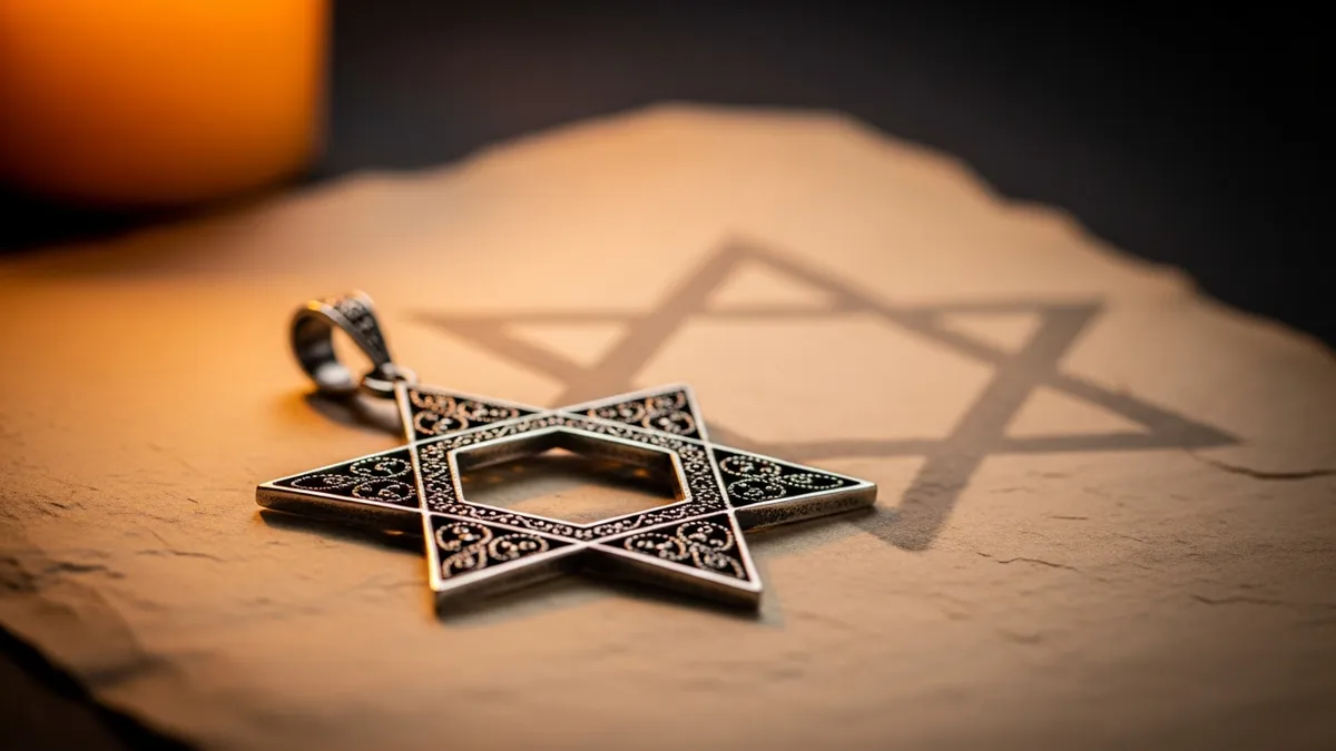 Silver Star of David pendant resting on aged parchment with warm candlelight casting a six-pointed shadow