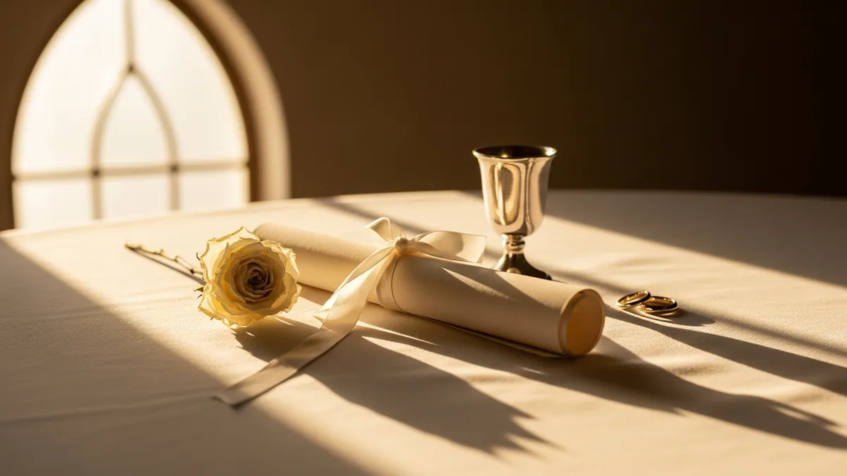 Ornate carved wood document frame on linen cloth beside a silver quill and inkwell in warm golden light