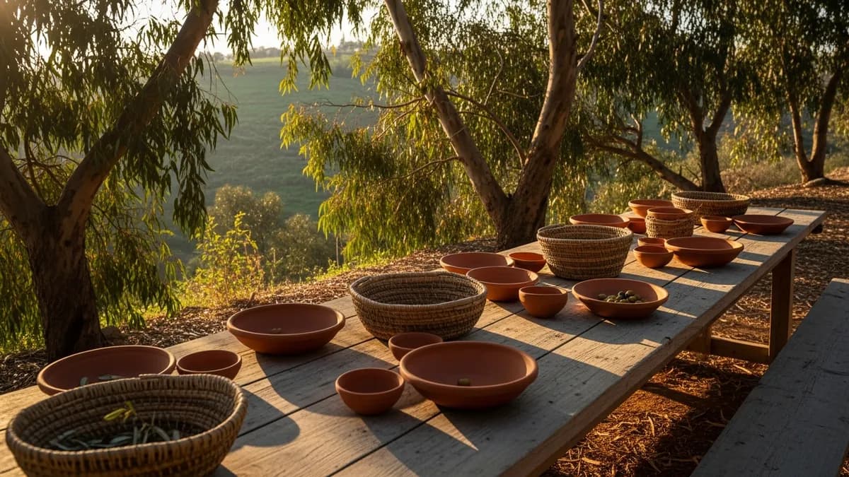 Sunlit communal outdoor table with terracotta bowls and woven baskets beneath eucalyptus trees on an Israeli hillside