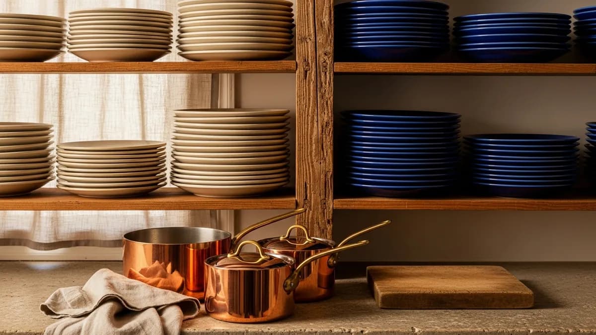 Two separate sets of dishes on wooden kitchen shelves, copper pots and linen towel on a stone counter in warm afternoon light