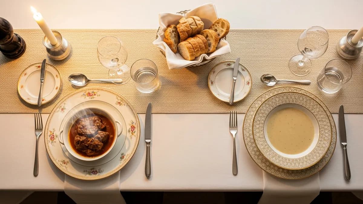 A set dinner table with two distinct place settings separated by a runner