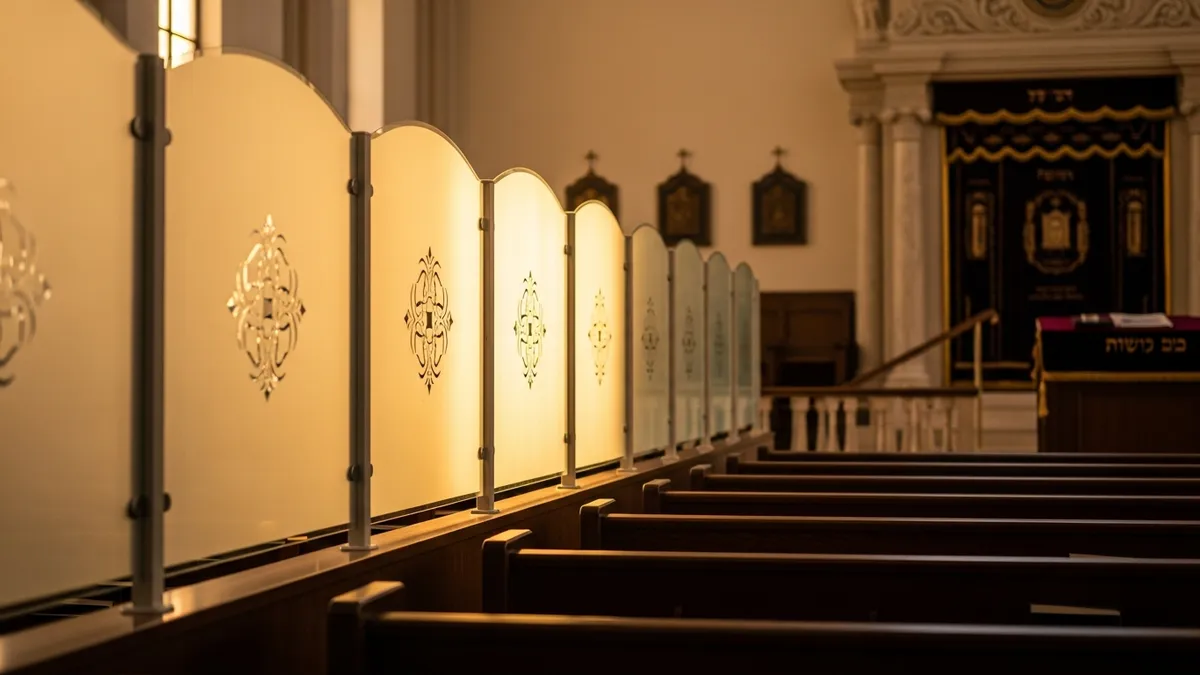 Frosted-glass mechitza partition in a sunlit synagogue interior with wooden pews and a velvet-draped ark beyond