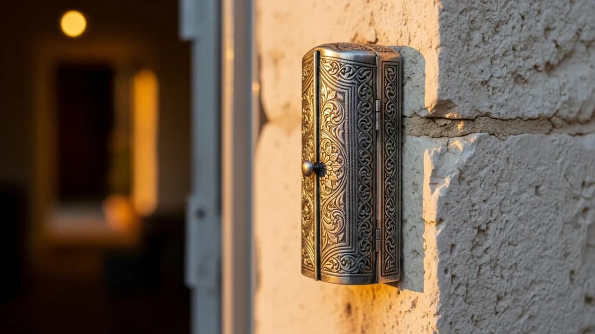 Silver filigree mezuzah case on an aged stone doorpost, golden afternoon light with warm interior light visible through the doorway