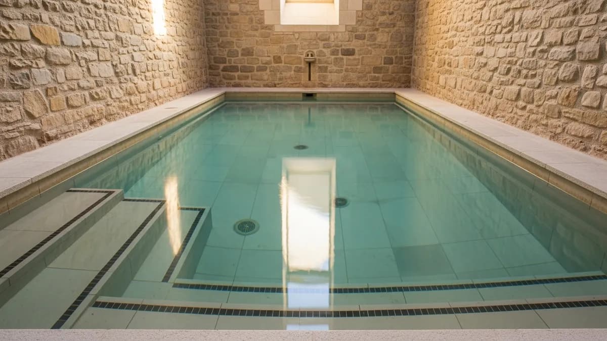 Serene stone-tiled ritual immersion pool with still clear water and soft natural light filtering through a skylight