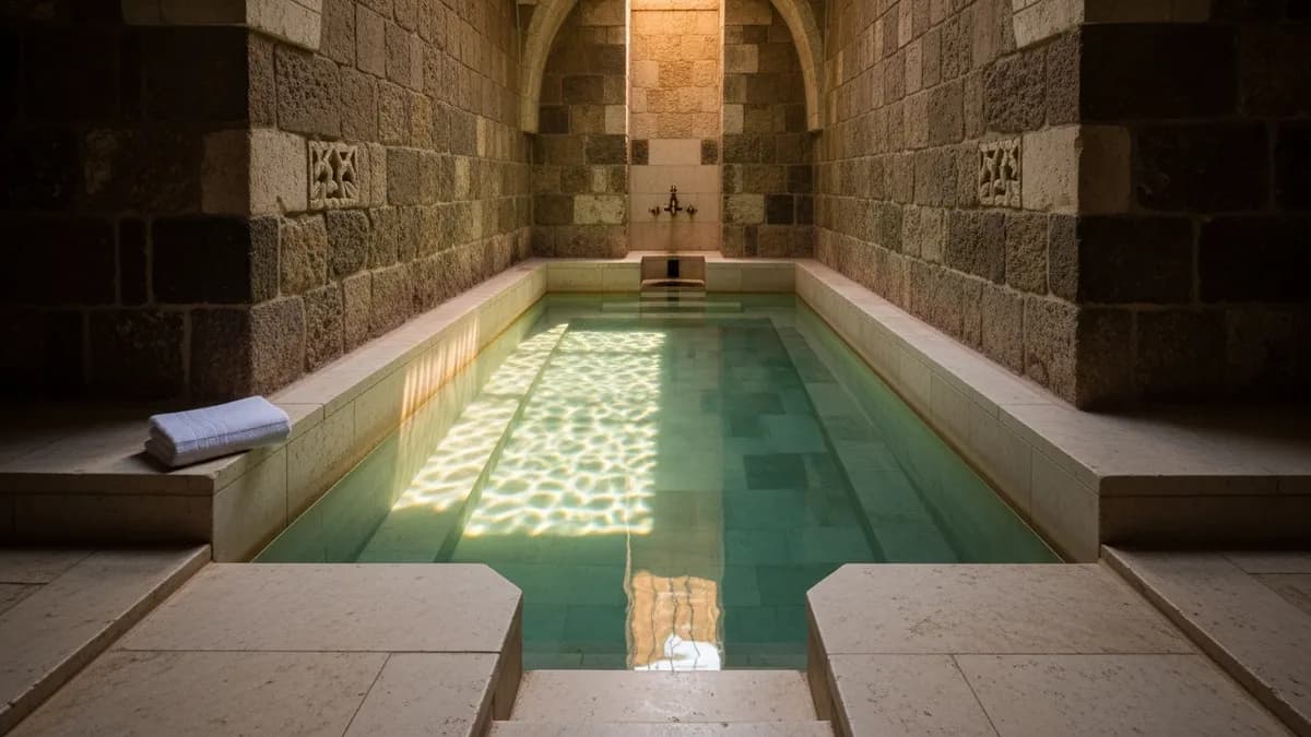 Tranquil ritual bath with still water in a smooth stone basin, soft candlelight reflections and a folded white linen towel on the edge