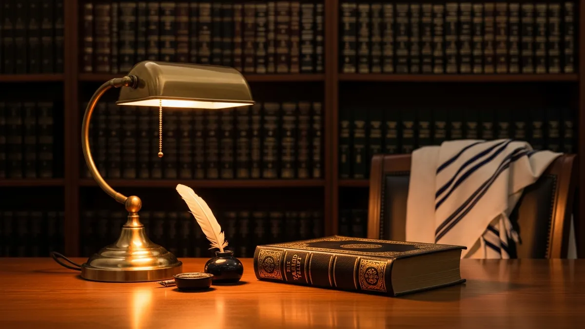 Warm wooden study table with open Talmud volumes, worn leather-bound sefarim, brass lamp casting golden light across aged parchment pages