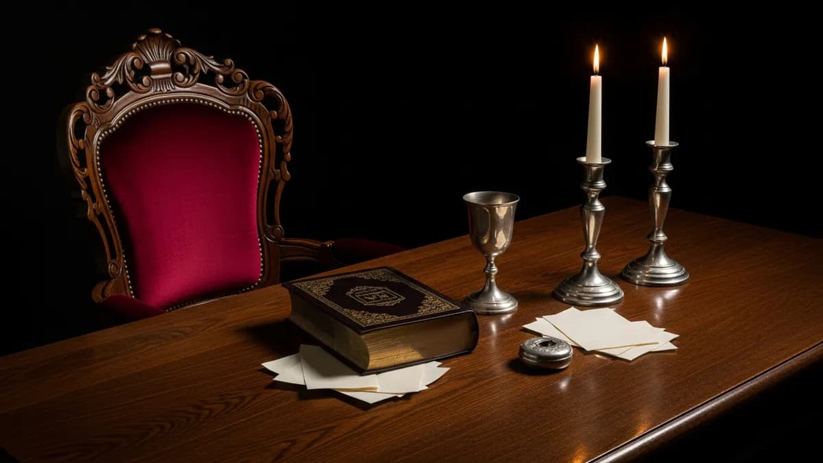 Empty carved wooden armchair at a candlelit Hasidic study table with open sefer and silver goblet