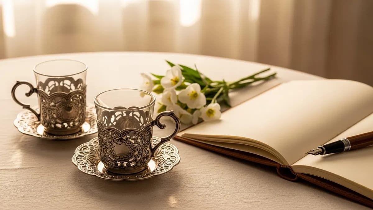 Two silver tea glasses on cream linen with white flowers and an open leather notebook in soft golden light