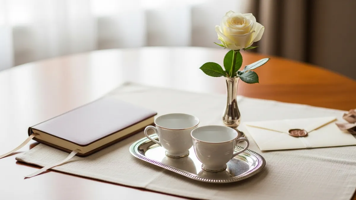 Cream roses in crystal vase beside two porcelain coffee cups on a walnut table in warm afternoon light