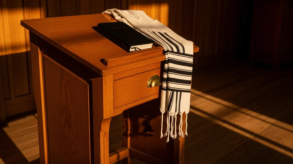 Aged oak shtender prayer stand with open siddur in warm synagogue window light, tallis draped beside it