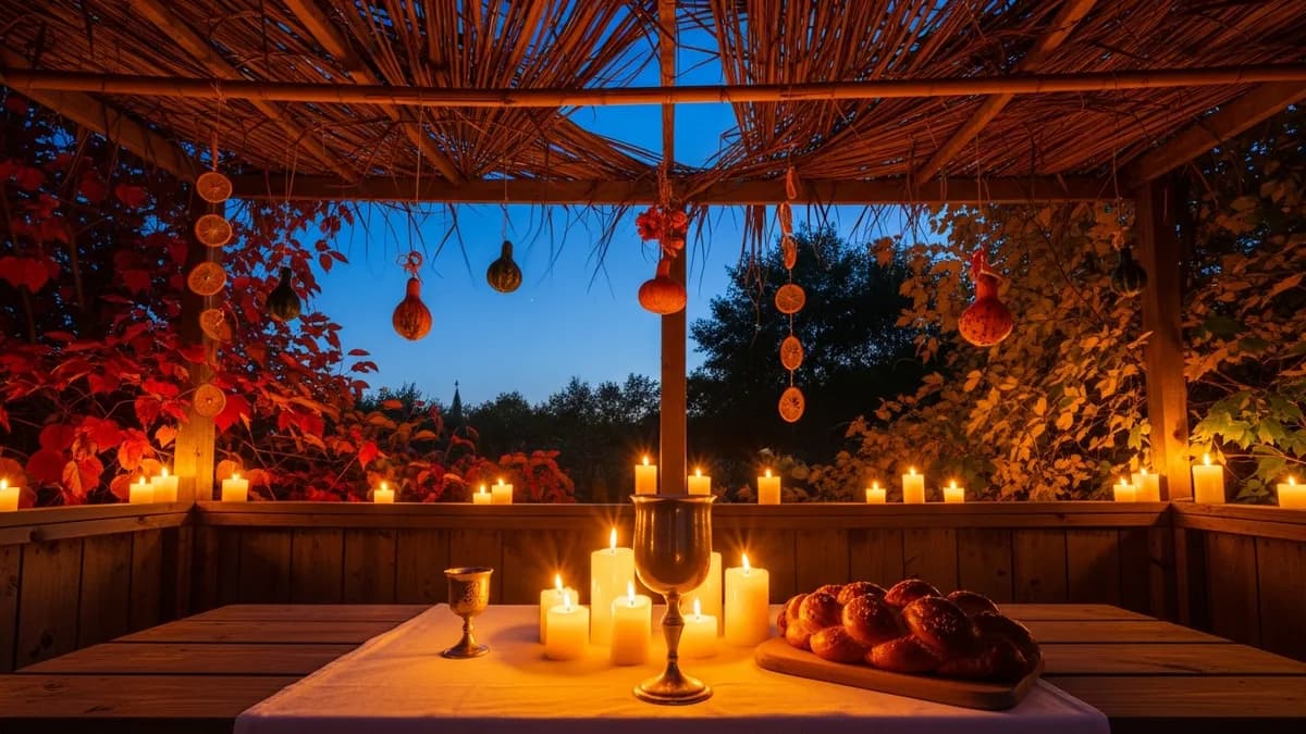 Sukkah interior with bamboo schach roof, dappled golden light, hanging ornaments, and festive table setting